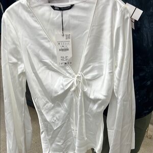 Zara White Satin Blouse with Tie Front